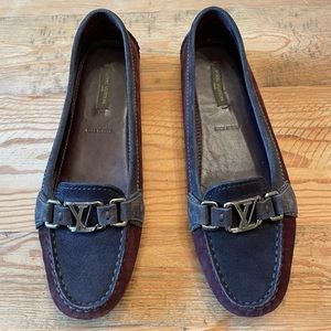 Louis Vuitton size 7.5 Oxford loafers silver hardware Navy/Burgundy